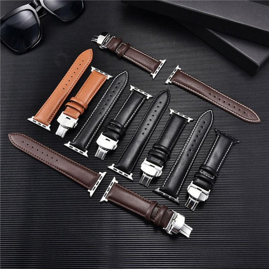 Genuine Leather Watch Straps for Apple Watch Butterfly Buckle