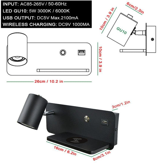 LED wall light with mobile phone wireless charging and USB hub