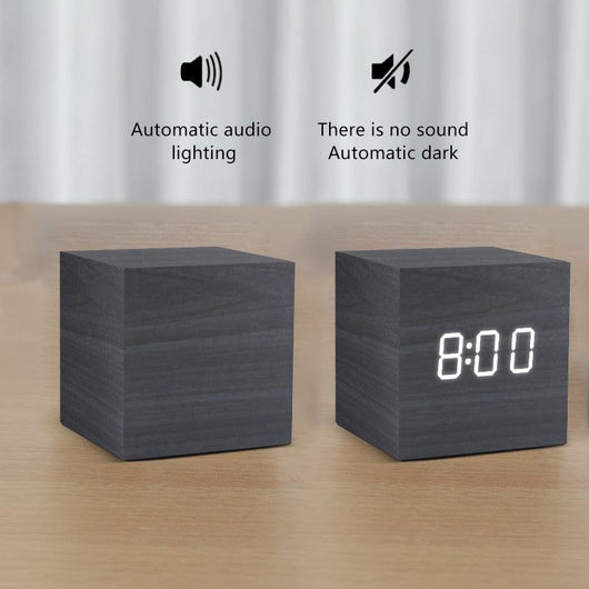 Wooden digital LED Alarm Clock with Voice Control