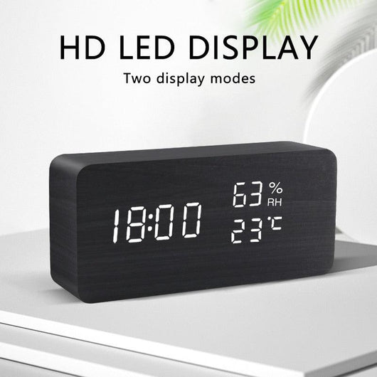 Wooden digital LED Alarm Clock with Voice Control